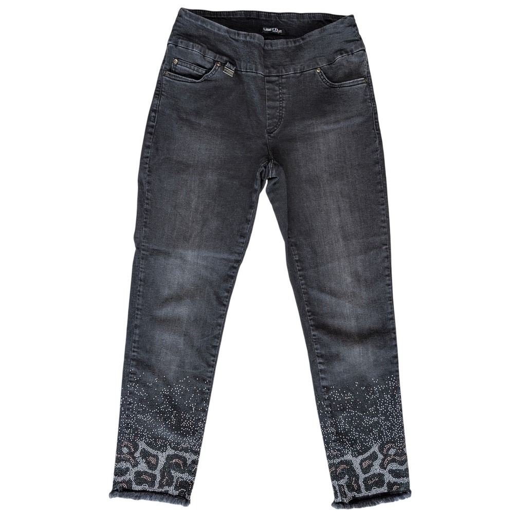 Lisette-L Sz. 8 Black Grey Animal Print Studded Pattern Raw Hem Denim Jeans